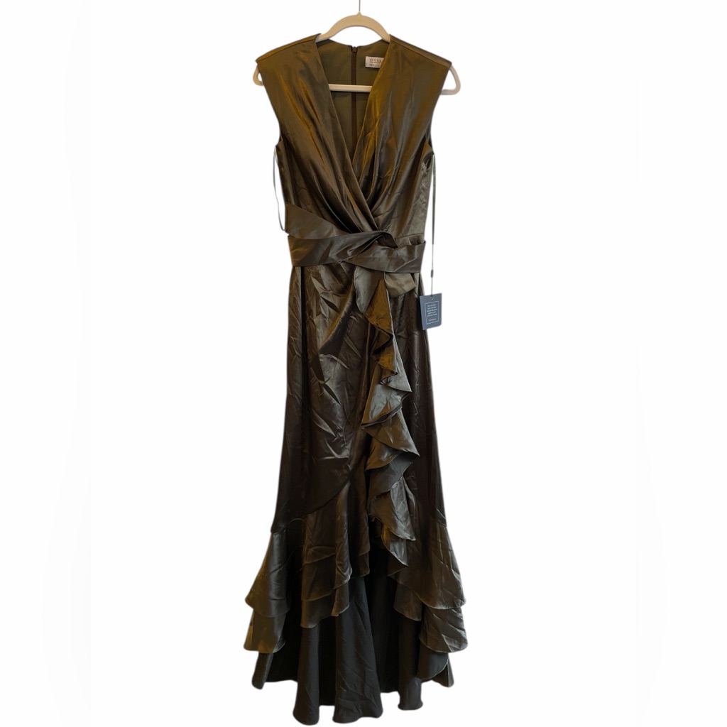 Ieena For Mac Duggal Olive Ruffle Evening Gown